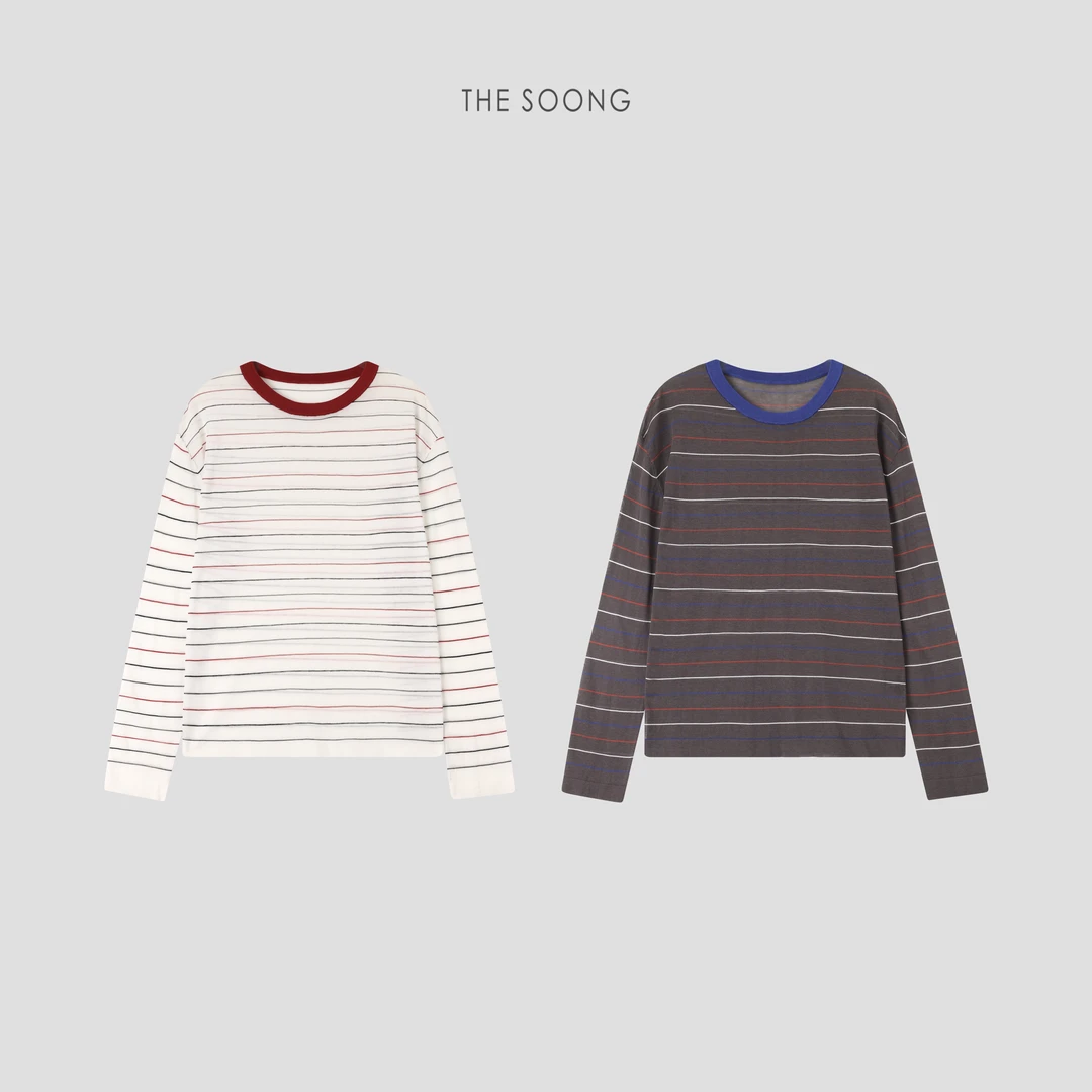 THESOONG|夏季醋酸18针细支撞色彩条T恤上衣女HWTX6980