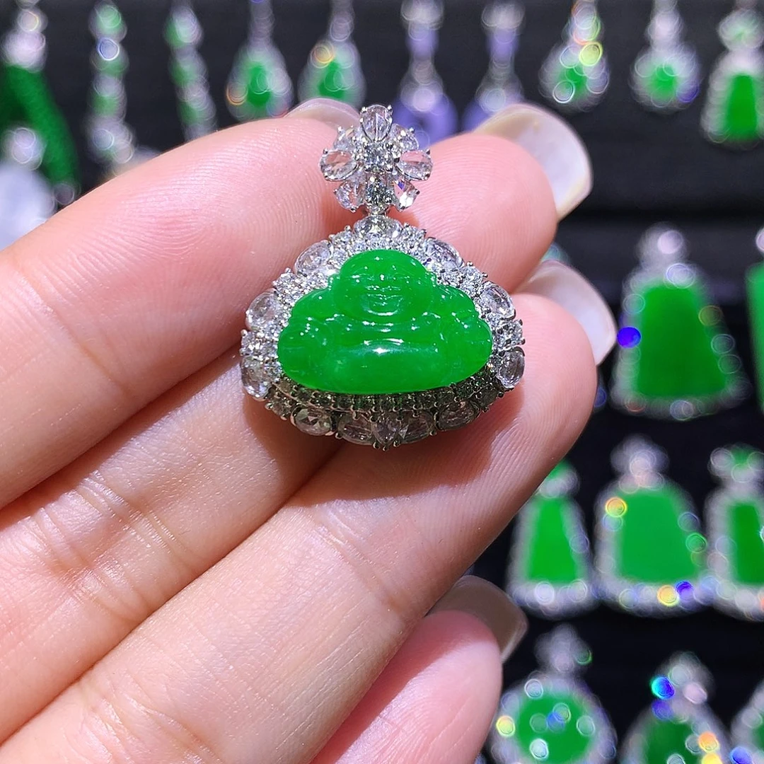 翡翠18K金镶嵌颈饰高冰满绿弥勒佛吊坠
