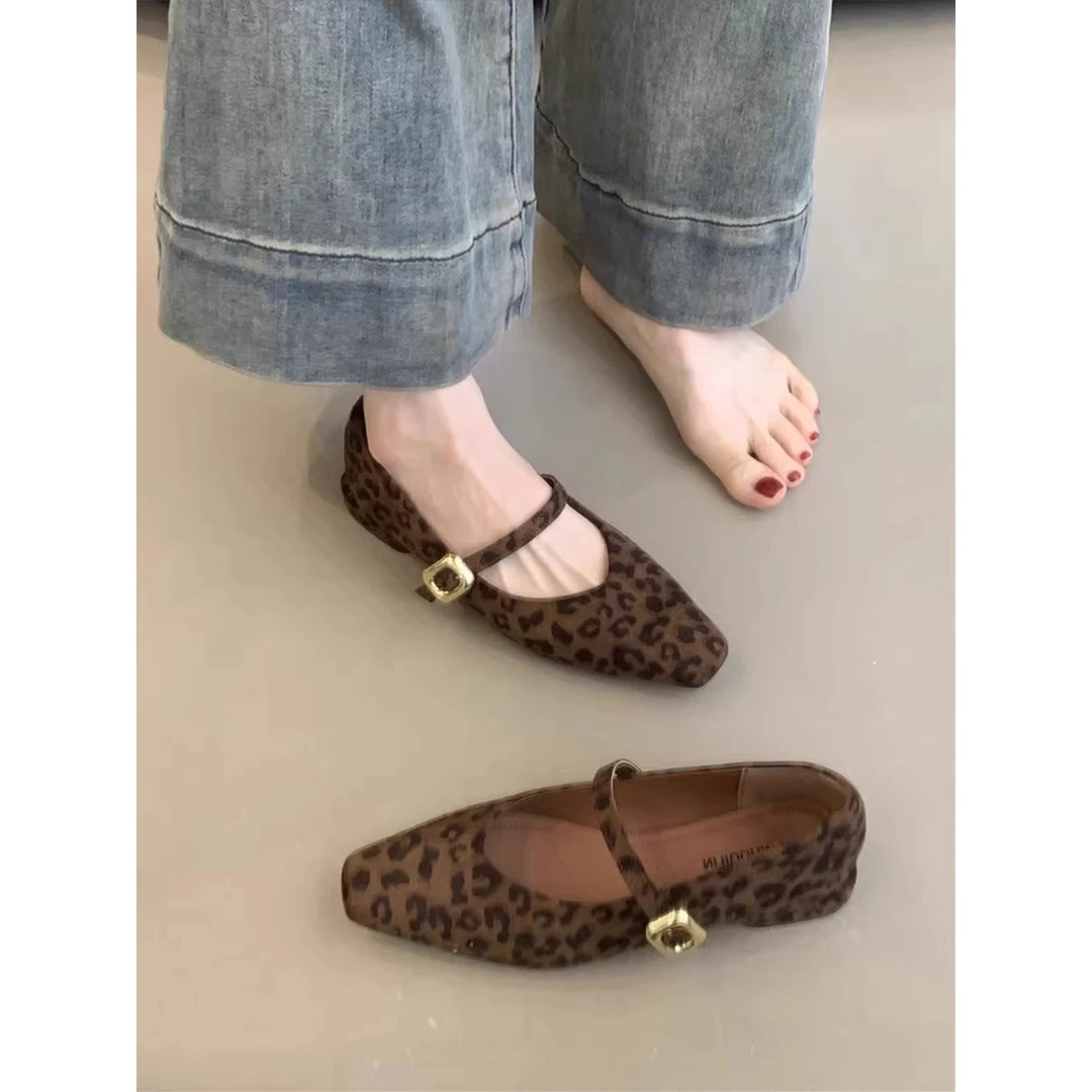 舒适版！超软绒面小方头浅口玛丽珍鞋女秋季豹纹一字扣低跟单鞋女