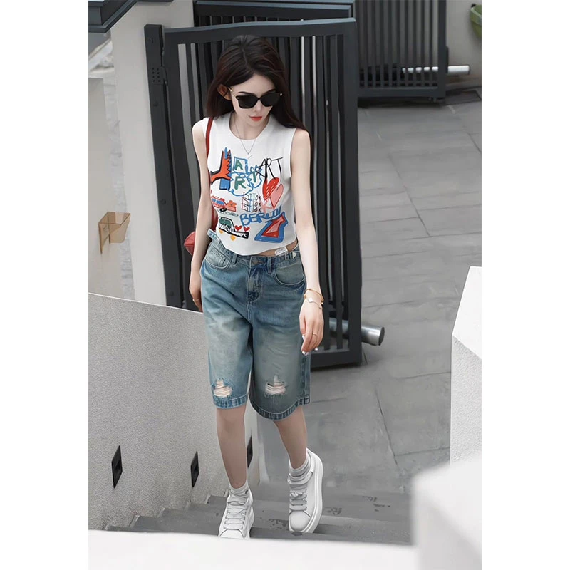 2025夏季网红涂鸦无袖背心百搭牛仔中裤子时尚显瘦盐系韩版两件套