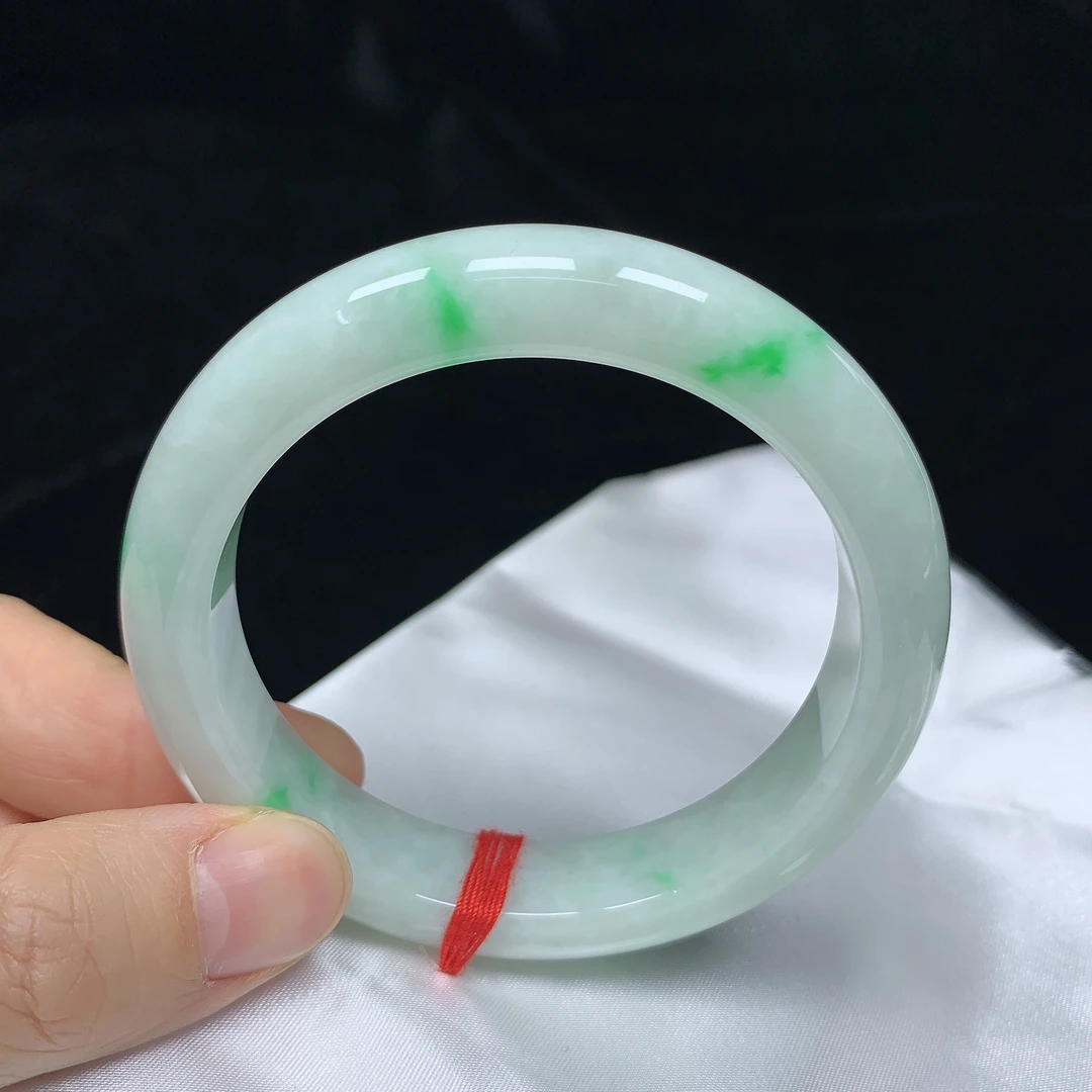 58 圈飘阳绿天然翡翠A货正圈手镯少女款时尚百搭平安镯玉镯无裂