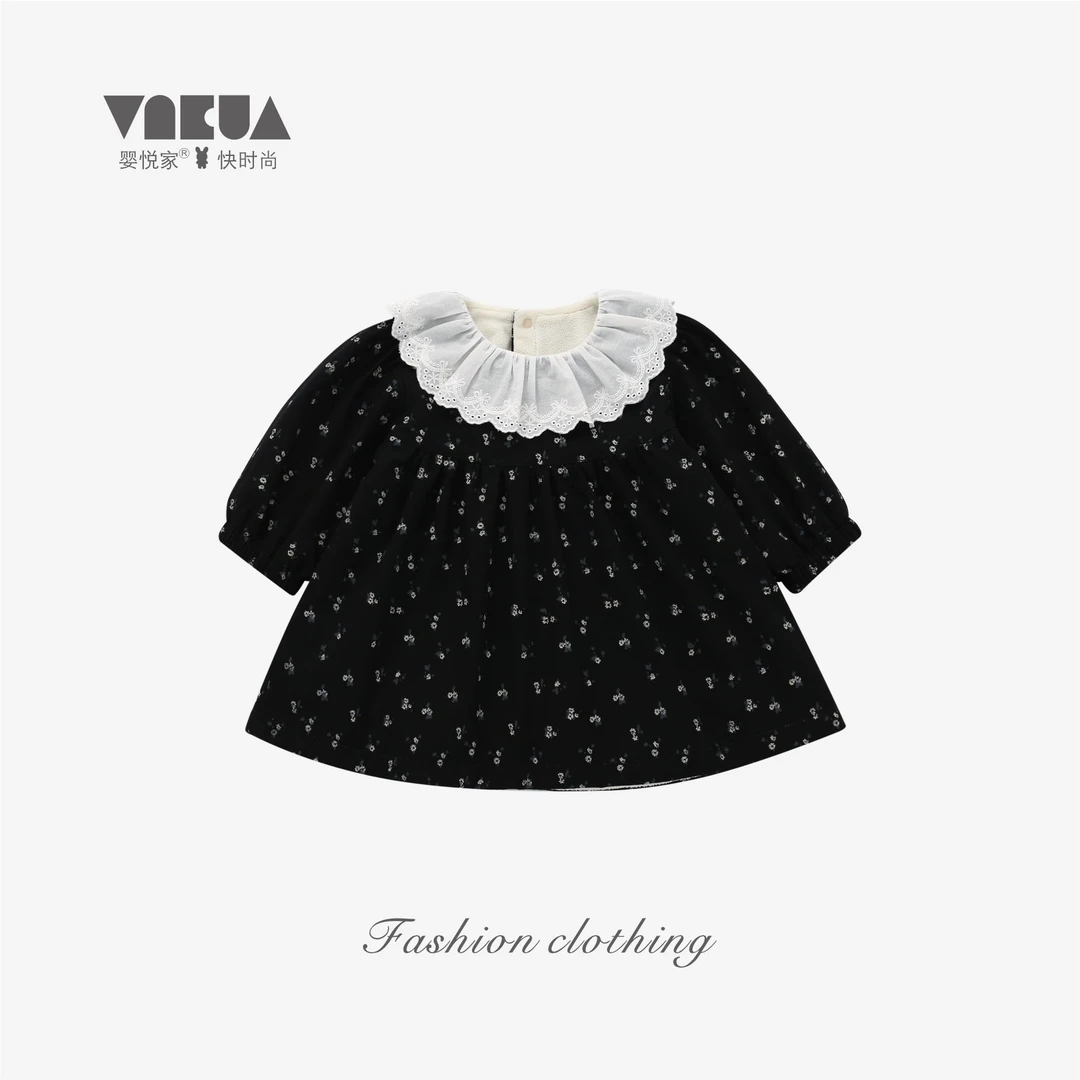 婴悦家秋冬款女宝宝时尚洋气长袖复古碎花连衣裙89358(双层)女童