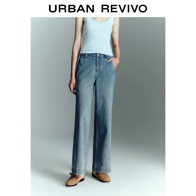 UR2025春季新款女装欧若风复古休闲水洗阔腿牛仔长裤UYY850086