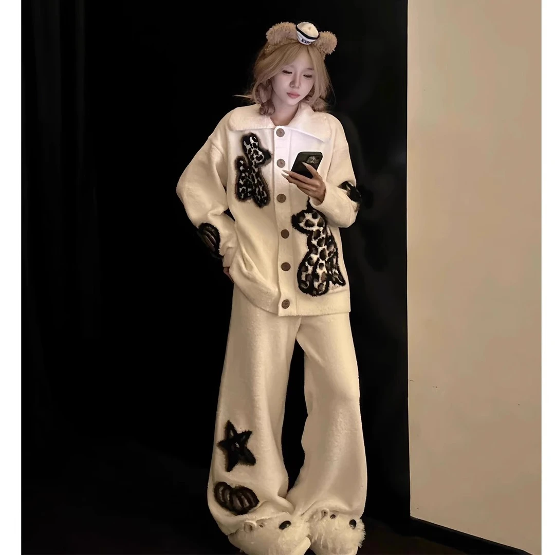 韩版黑白针织半边绒睡衣女秋冬2025年新款冬天加绒加厚家居服套装