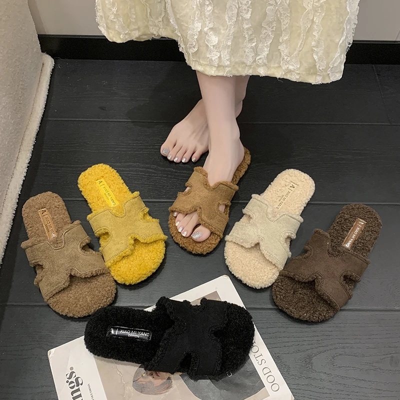 2025秋冬韩版法式小香风平底软底毛毛拖鞋女外穿一字拖毛绒居家拖