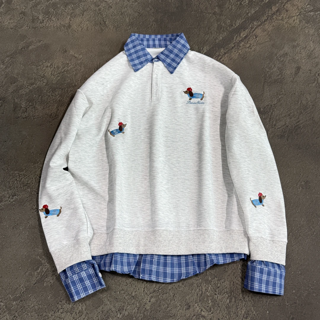 赚钱买跑车！国潮牌美式小狗polo领卫衣秋冬学院风假两件百搭上衣