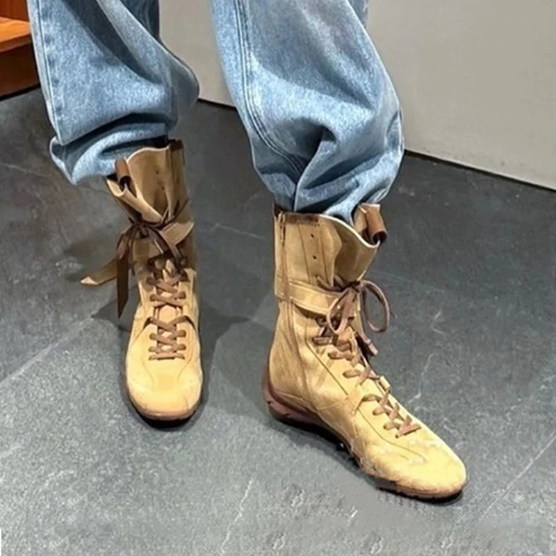 羊皮版~复古小众马丁靴休闲运动短靴百搭拳击靴圆头中筒西部靴女