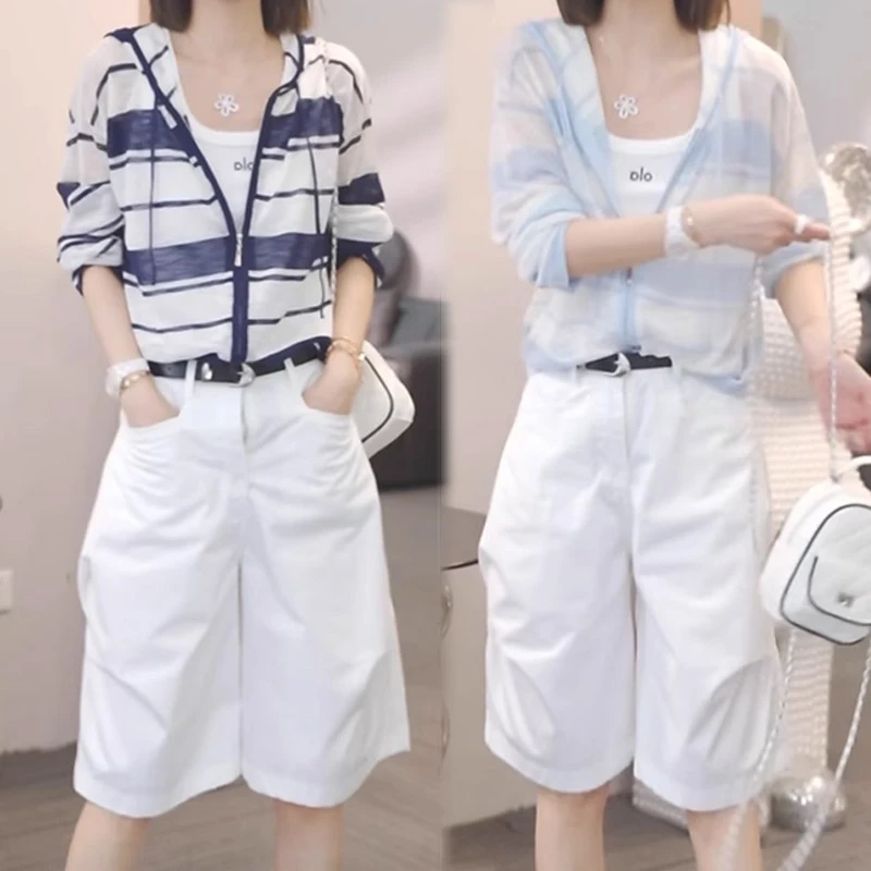 韩版慵懒风宽松显瘦条纹防晒衣外套女士2025夏季休闲开衫连帽上衣