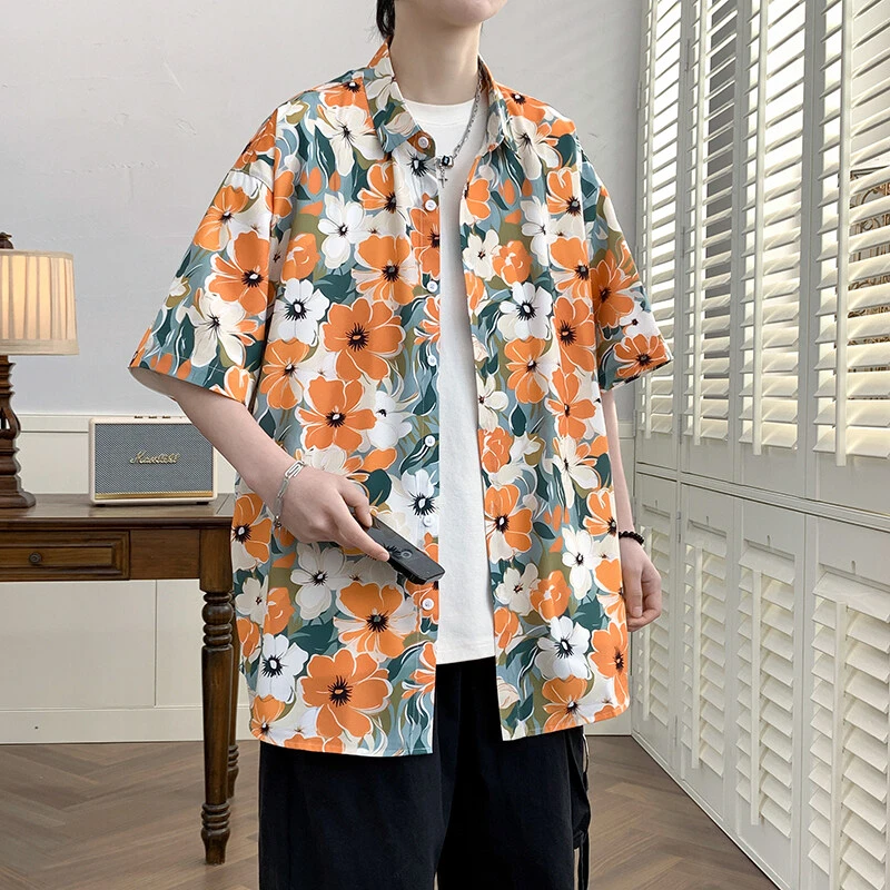 沙滩短袖衬衫男士港风潮流宽松大码冰丝衬衣夏威夷海边薄款寸衫