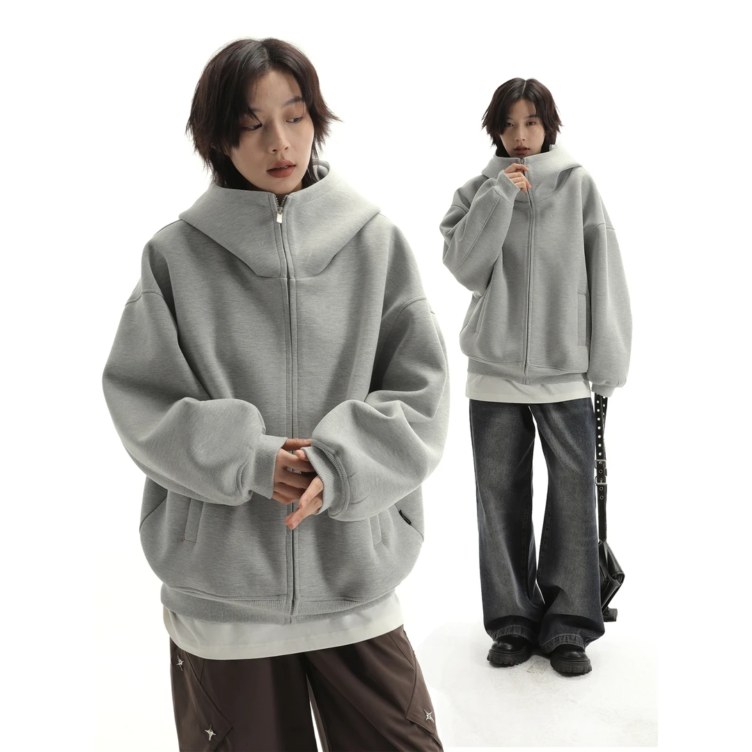 散养文化sameuoo灰色廓形感空气层开衫连帽卫衣500g重磅帽衫外套