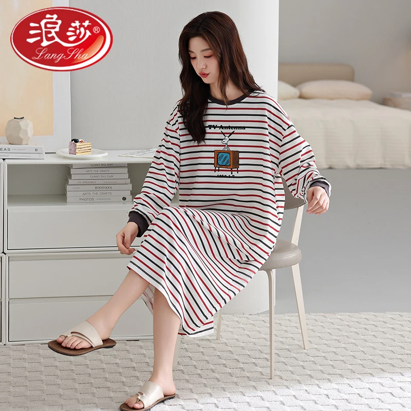 浪莎睡裙女春秋冬季100%纯棉长袖条纹女高级感宽松可外穿连衣裙家