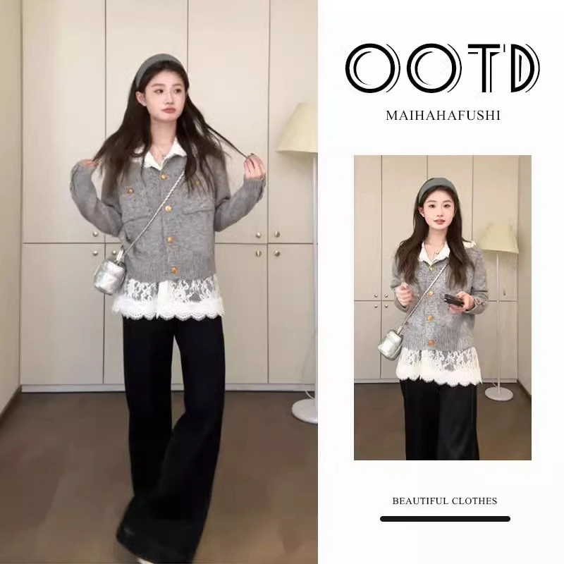 春季套装女2025新款洋气小香风针织毛衣连帽蕾丝背心阔腿裤三件套