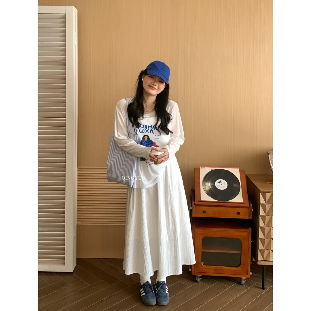 青屿衫-微胖轻薄休闲印花长袖T恤宽松卡通上衣显瘦夏季大码女装