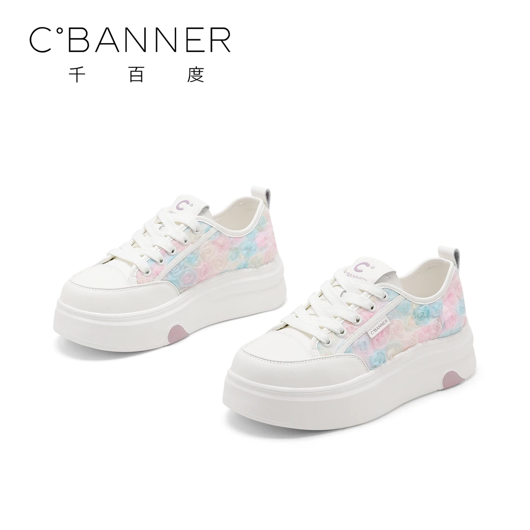 【花花世界】千百度时尚休闲鞋女2025新款百搭潮流圆头系带休闲鞋
