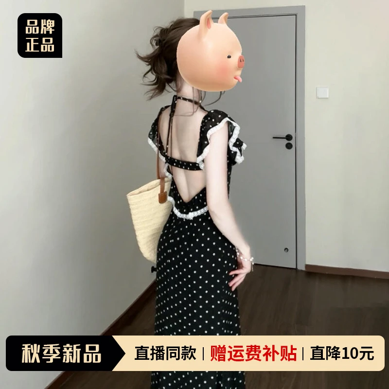 法式气质飞飞袖方领连衣裙子女夏季2025年新款赫本风黑色波点长裙