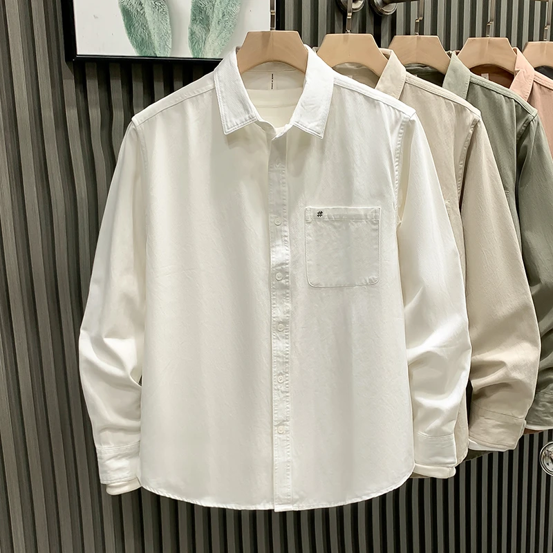 新款衬衫男清新纯色宽松衬衣休闲百搭长袖衬衫轻奢高级感刺绣上衣