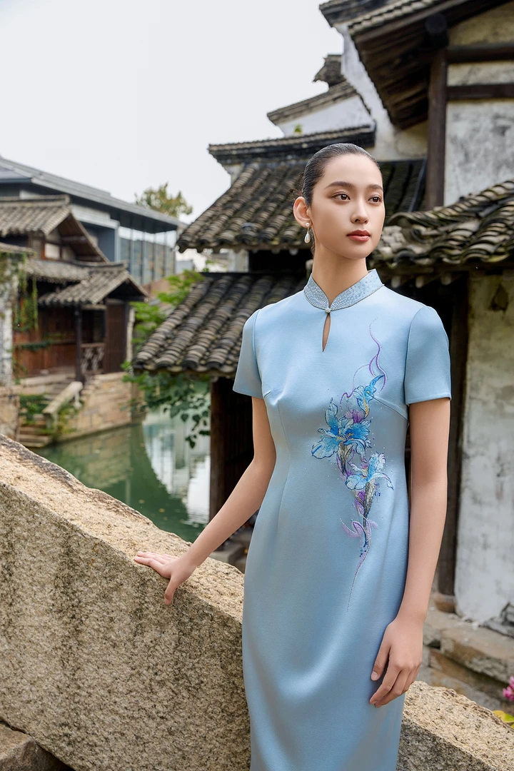 朱紫褕170051蓝色旗袍六礼慕天姿喜婆婆喜妈妈婚宴礼服旗袍