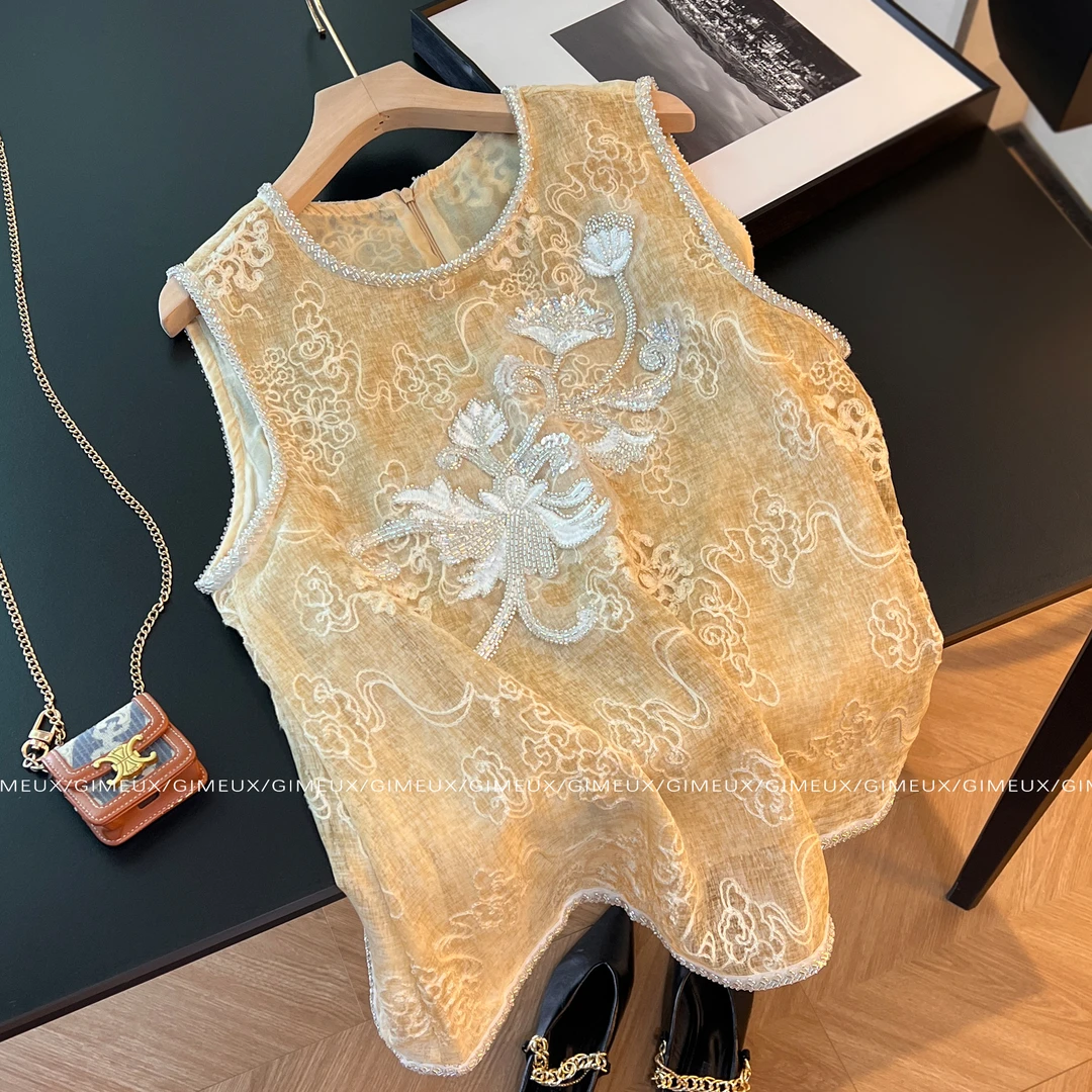 新中式国风重工珠绣马甲女夏2025新款高级感气质宽松减龄无袖背心