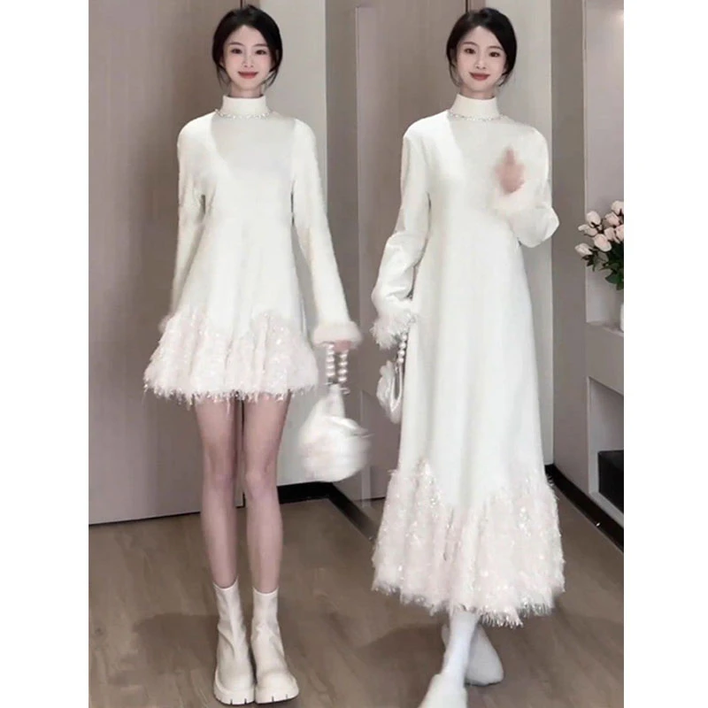 大码胖mm韩系时尚高级感减龄连衣裙女秋冬季宽松显瘦长袖圆领裙子