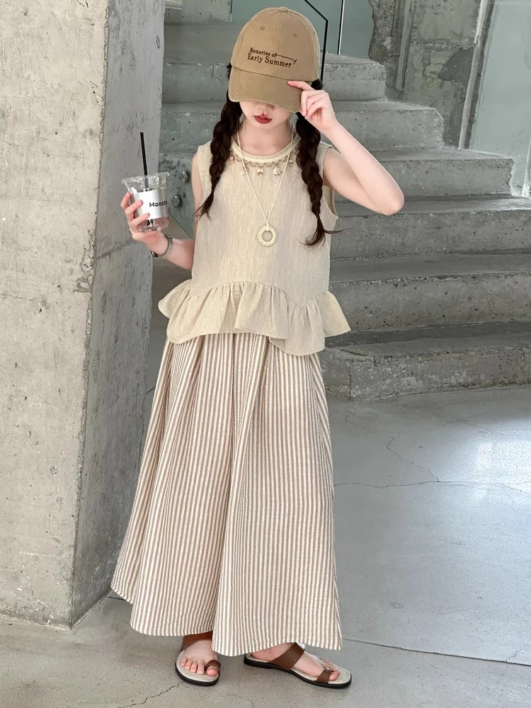 女童夏装花边无袖棉套装2025新款夏季中大童时尚阔腿裤两件套潮