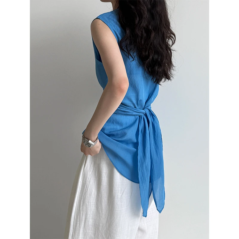 品质 法式高级感扭结绑带收腰短袖上衣夏新款百搭显瘦小衫5108