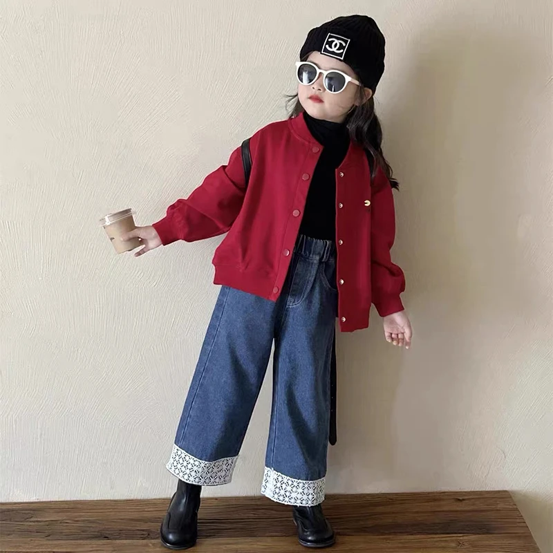 秋上新女童牛仔裤韩系宽松阔腿裤女宝宝春秋季百搭洋气直筒长裤子