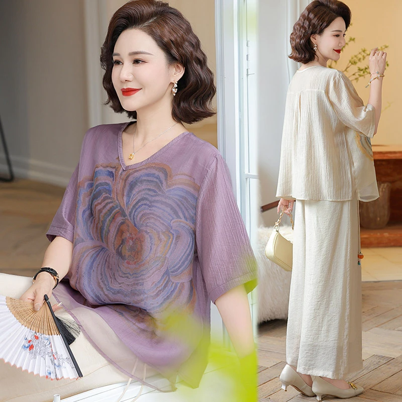 妈妈装夏装套装洋气小衫中老年女装夏季50岁60高档阔太太时髦服装