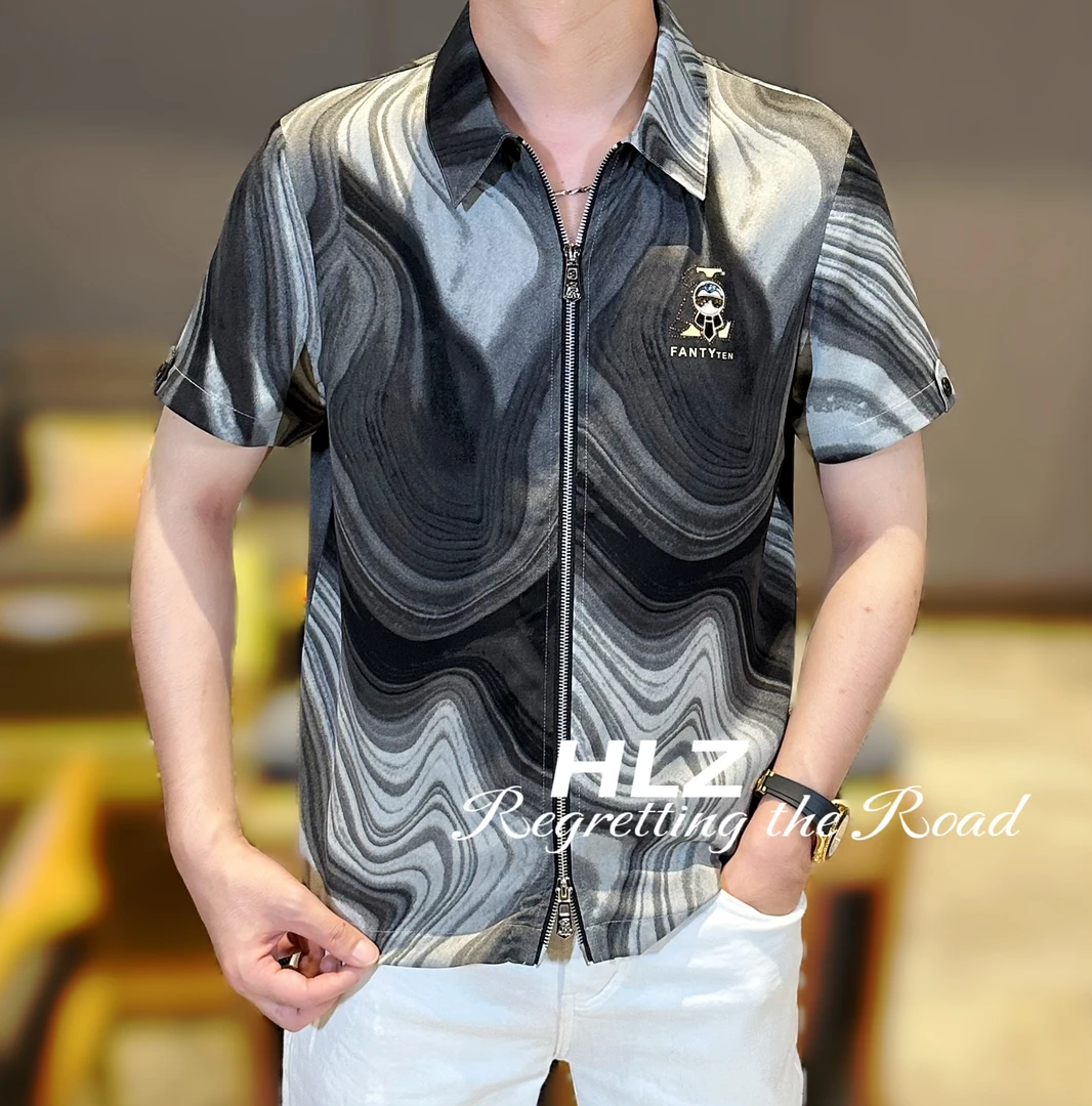 2025夏季新款男士休闲时尚百搭错乱纹路双拉链薄款翻领短袖衬衫