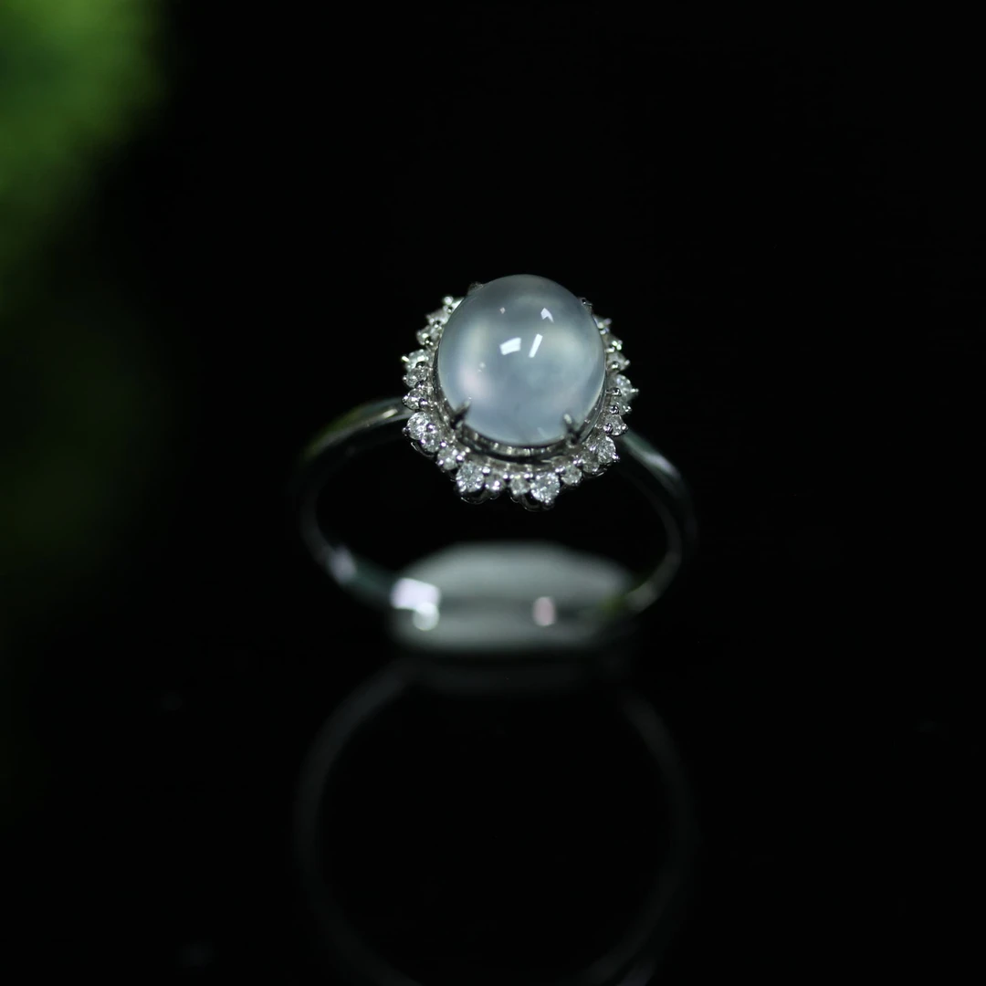 天然缅甸翡翠A货18K白金镶蛋面戒指/1230914/拍卖