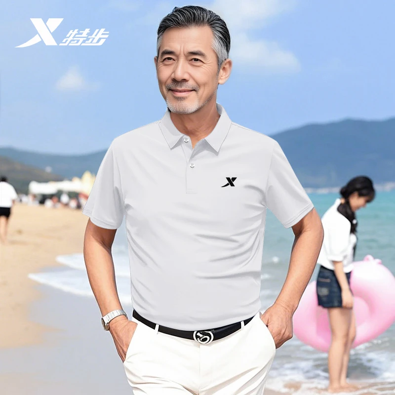 特步polo衫男官方正品白色T恤休闲透气爸爸装冰丝速干运动衣服男t