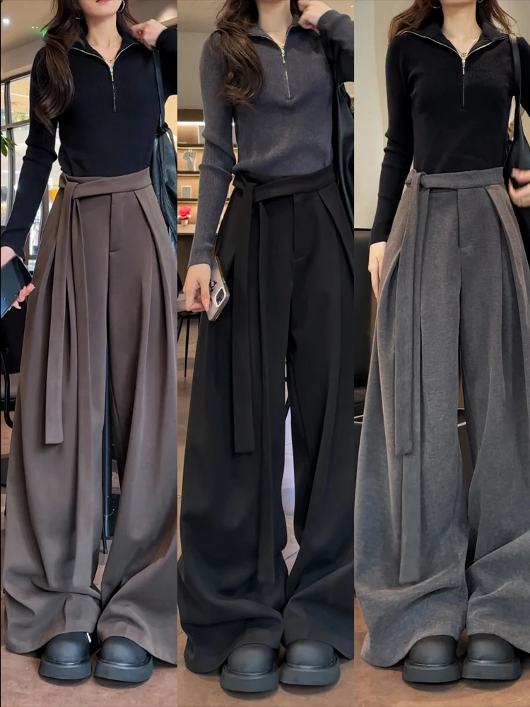 高级感显瘦垂感宽松气质西裤女2025秋季新款薄呢料高腰绑带阔腿裤