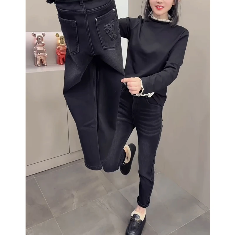黑灰色小脚牛仔裤女2025秋冬季加绒高腰弹力显瘦小个子九分铅笔裤