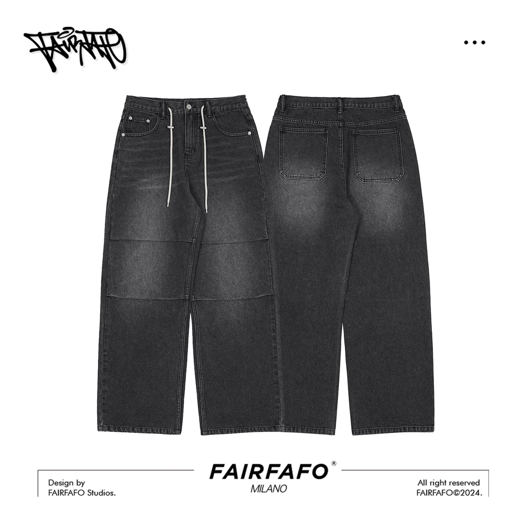FAIRFAFO林肉肉【抽绳褶皱】黑色复古磨白撞色直筒牛仔裤KG24KZ001
