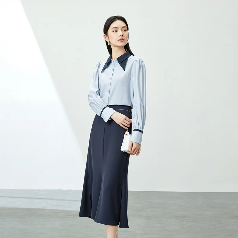 时尚优雅撞色拼接领口衬衫简约珍珠装饰链条直筒半身裙套装53475