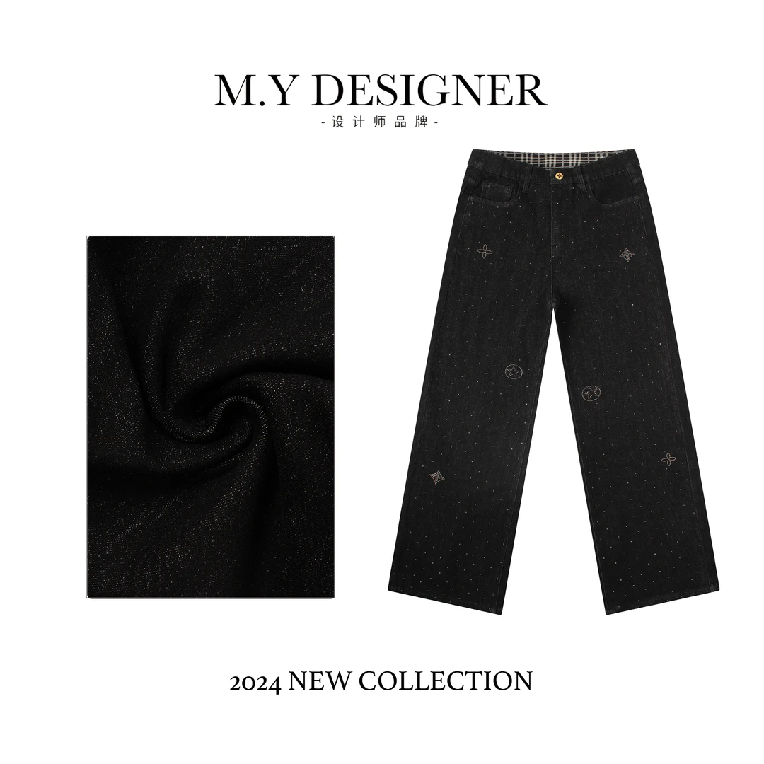 M.Y 媛总 闪钻加绒牛仔裤女款休闲2024橡筋腰阔腿裤LW695
