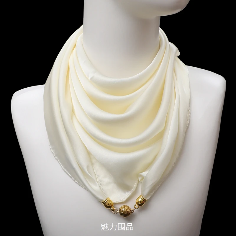 时尚纯色70CM方巾轻薄亲肤围巾洋气护颈围脖磁扣丝巾懒人装饰领巾