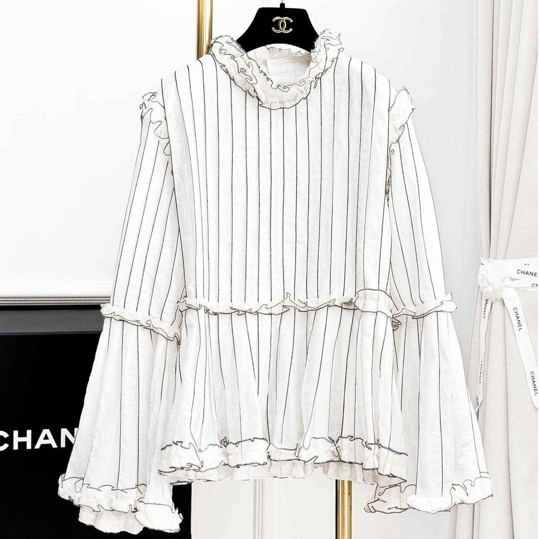 99新 Chanel/香奈儿 36码17S电流系列白色条纹木耳边上衣