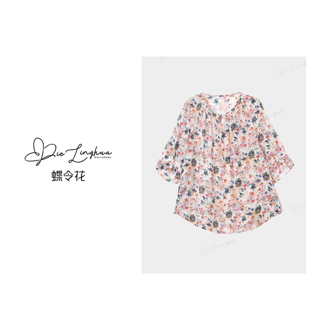 蝶令花夏季薄款碎花清新甜美温柔时尚透气休闲七分袖T恤252195