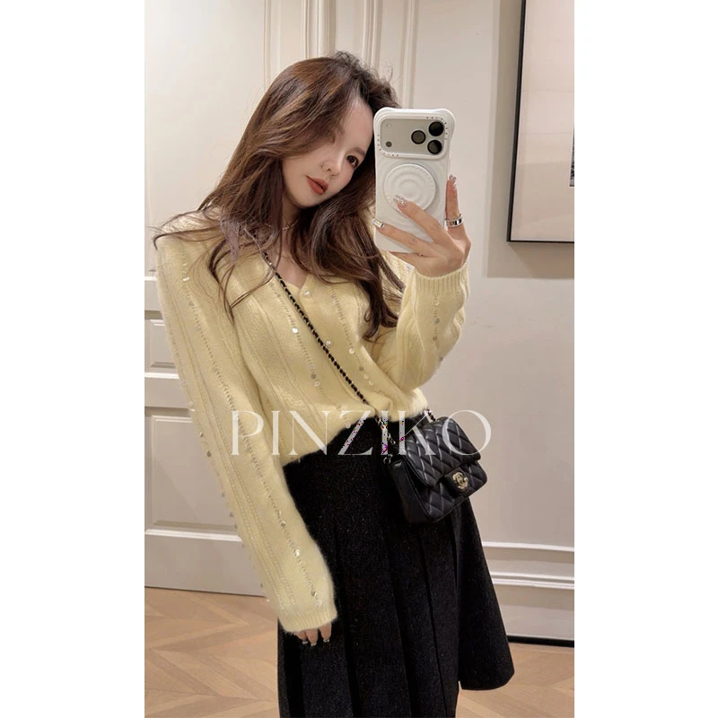 pinziko温柔坠光~兔毛+羊毛法式V领纯色单排扣显瘦针织衫TJF500