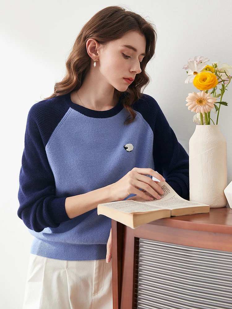 COMOBOCA/科蒙·博卡绵羊毛春秋撞色针织毛衣羊毛衫女KSR1288