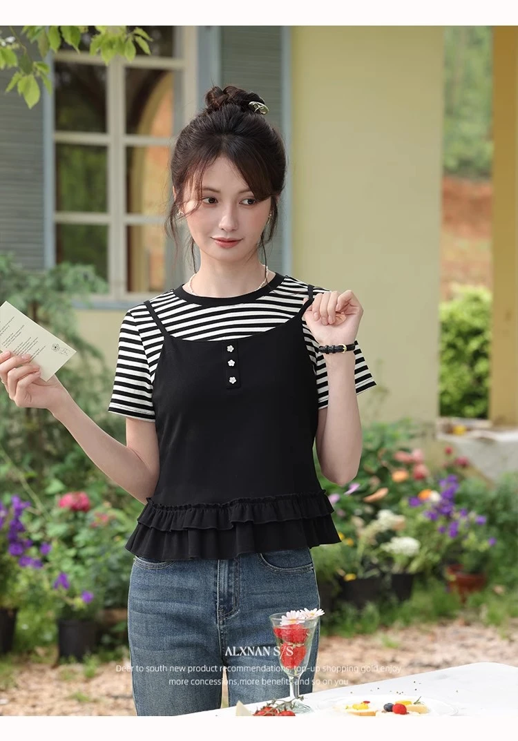鹿向南「粉丝福利」法式气质黑色修身显瘦假两件T恤短袖女夏上衣