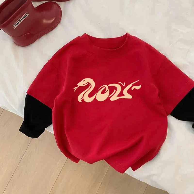 儿童宝宝蛇年新年衣服2025春秋中国风国潮喜庆男女童纯棉长袖t恤