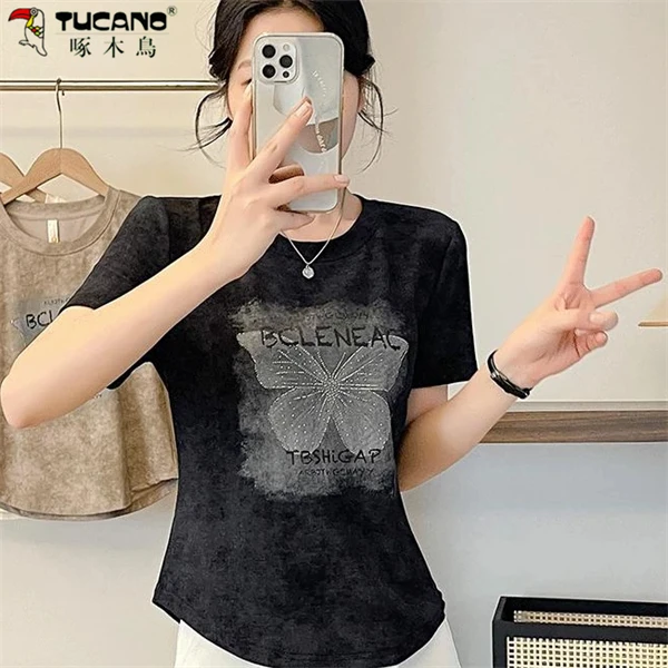 【啄木鳥】洋气高端蝴蝶印花短袖t恤女夏季女装25新款时尚精致上衣
