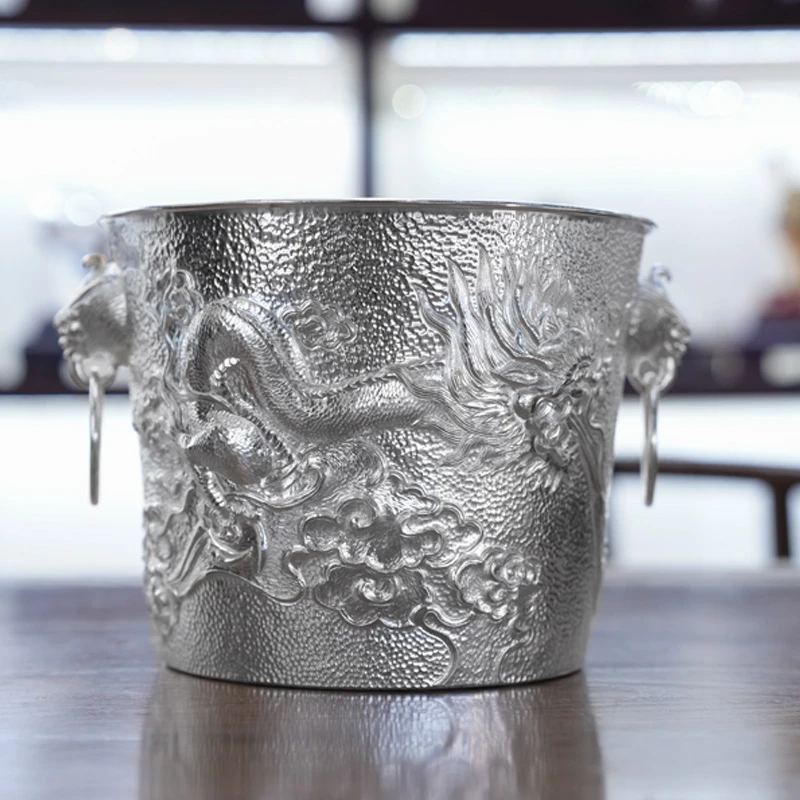 足银银制品 银水缸999纯银纯手工兽头复古家用银桶锤纹储水