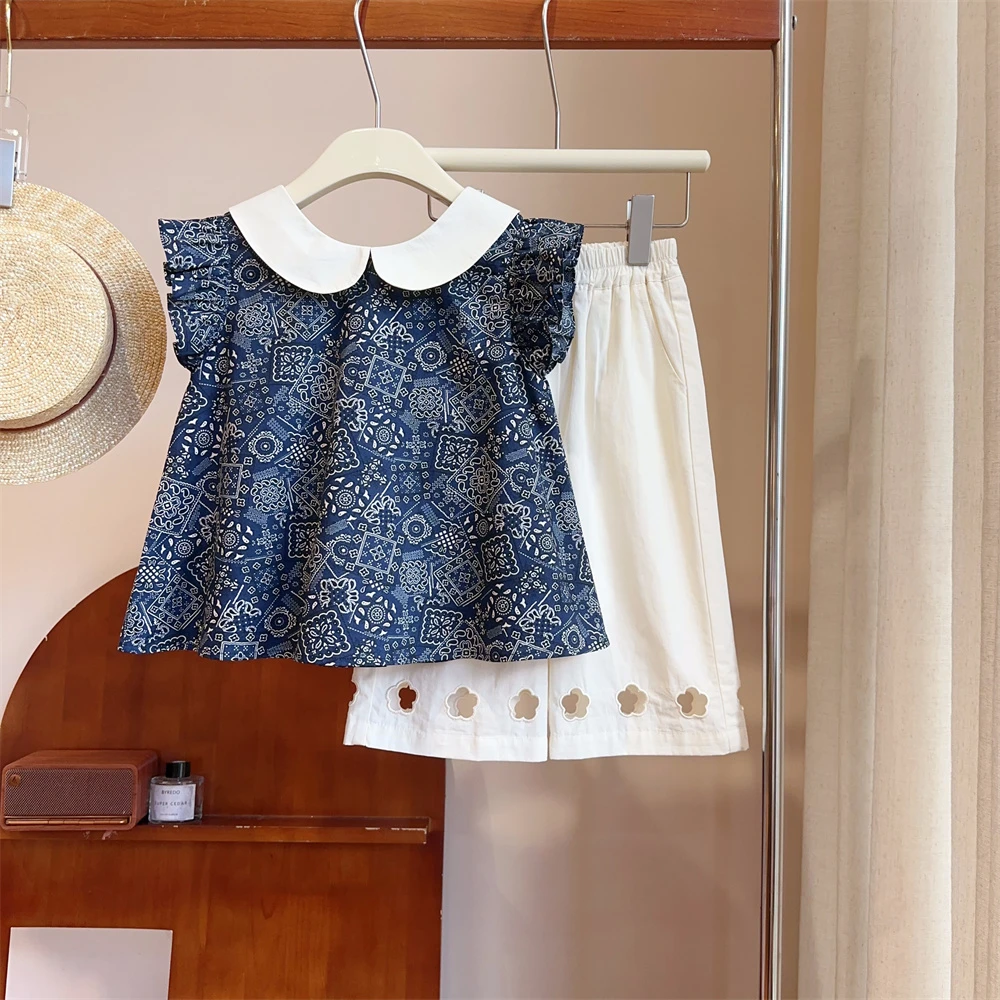 现货【云黛】夏季纯棉5253女童时尚短袖衬衫法式镂空百搭娃娃衫