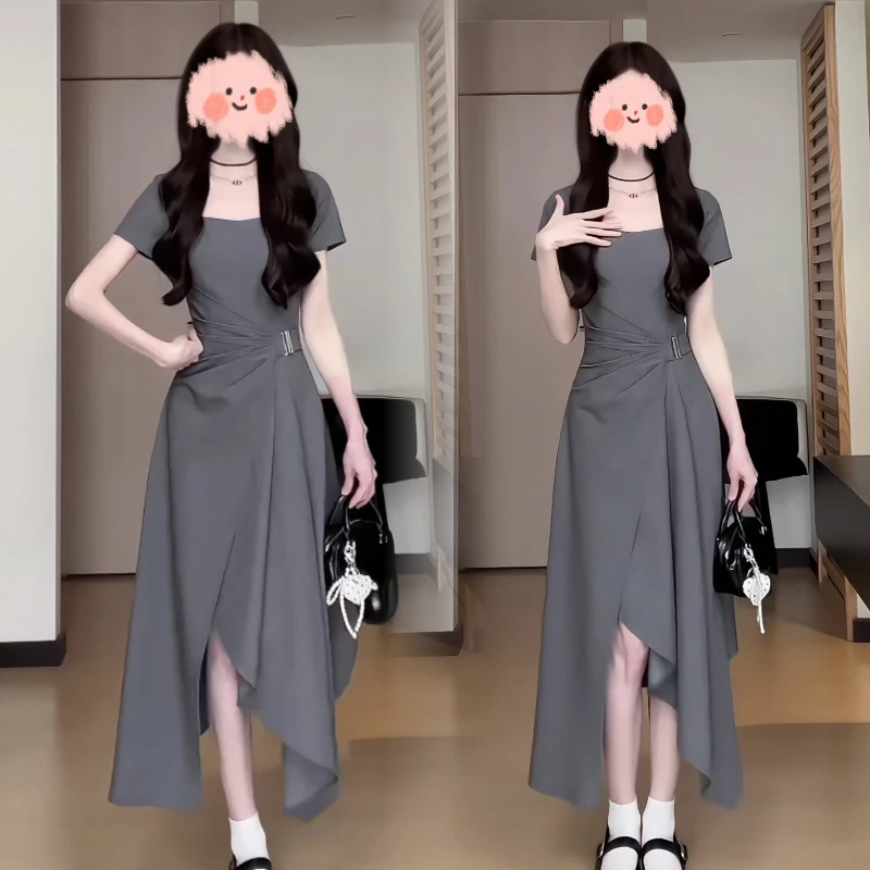 不规则裙摆收腰连衣裙女2025夏季流行单品新款长裙A字设计感裙子