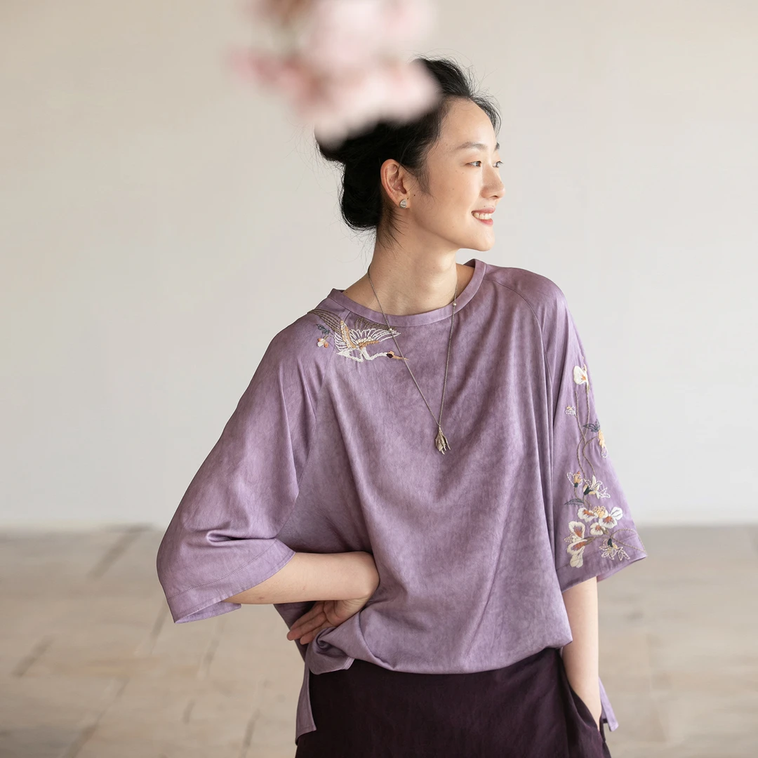牧衣游原创 刺绣真丝套头衫轻薄七分袖立领复古新中式上衣 非晚