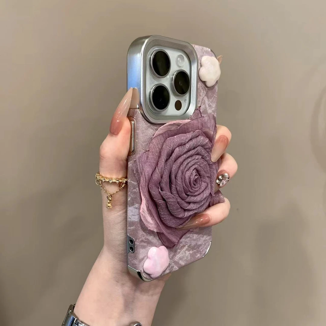电镀雪山纹羽纱玫瑰适用iPhone16promax手机壳15pro青苹果手机壳