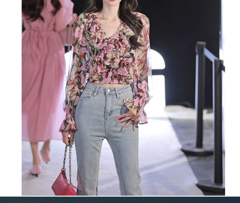 【果果专属】质感满印碎花撞色复古感打揽小衫上衣