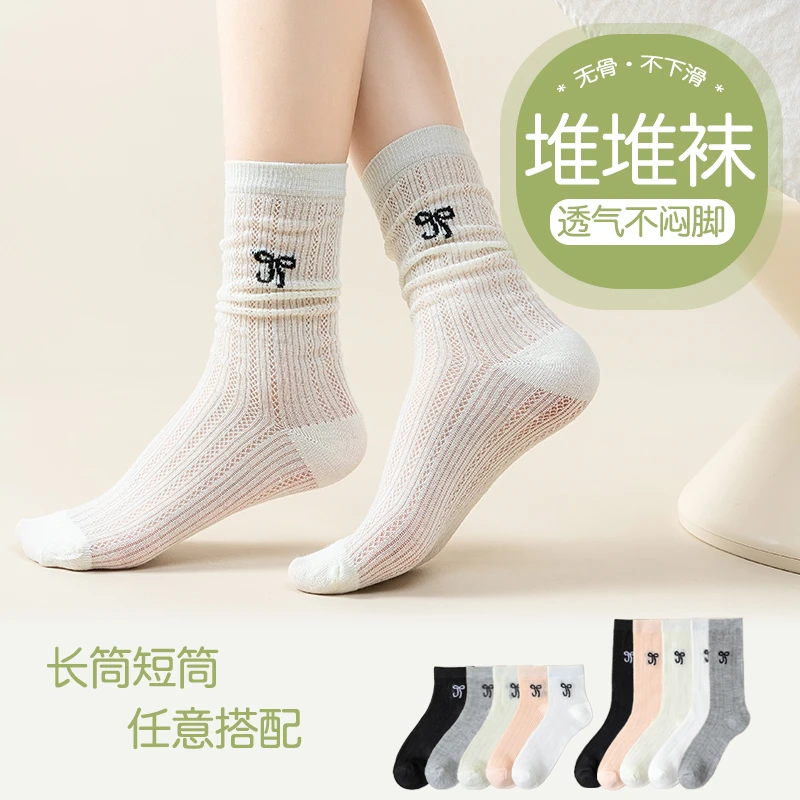 蝴蝶结堆堆袜女夏季薄款透气中筒袜百搭学生公主风潮流长筒袜超薄